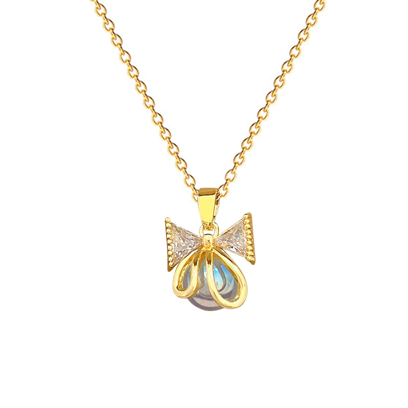 Edle Perlen Schleifen Halskette Diamant Titanium Stahl Kette_voghion.com