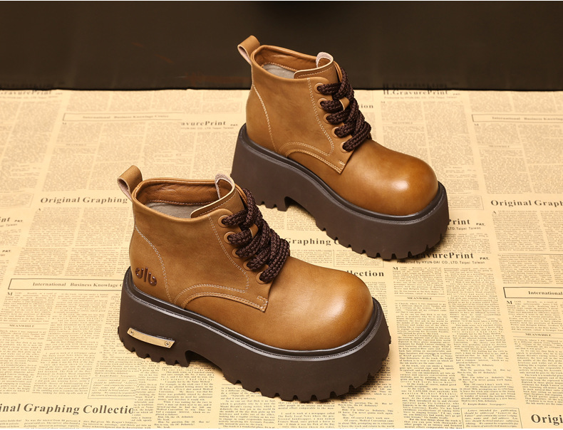 Giày boot nữ đế dày tăng chiều cao, dây buộc, phong cách đa năng — màu đen chi tiết 5