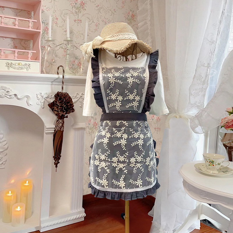 Korean Style Washed Cotton Embroidered Lace Apron Household Kitchen Cooking Anti-fouling Princess Skirt Wholesale Work Clothes Waist