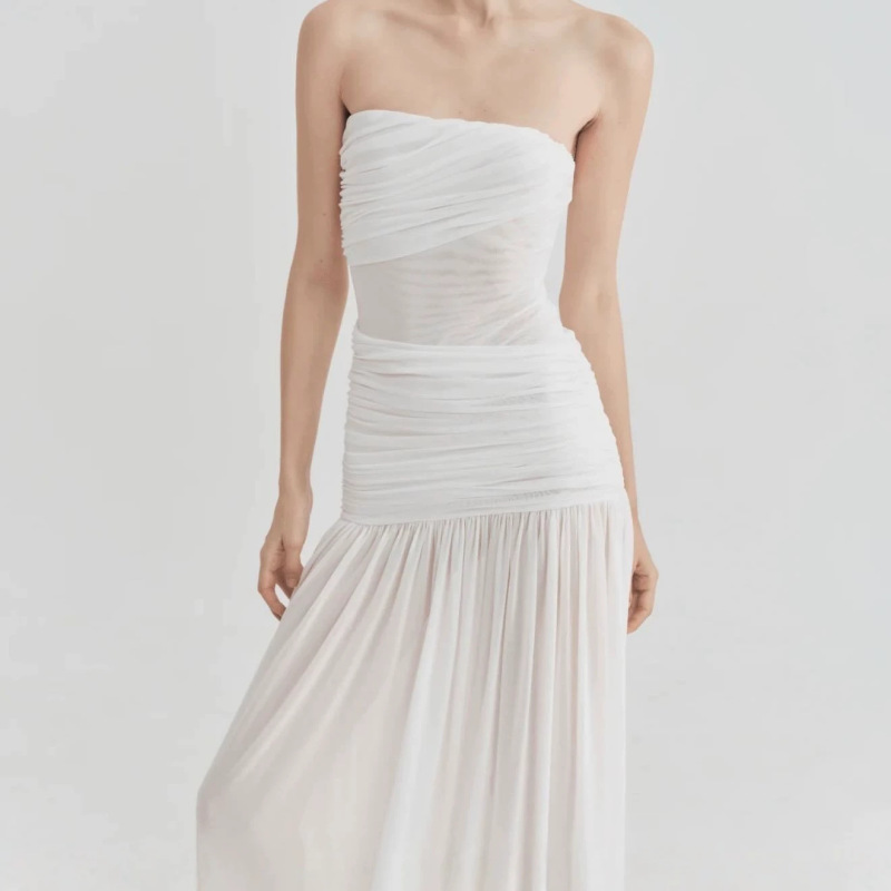 Foreign Trade Amazon Women's Strapless Tube Top Long Dress Summer Slim Fit Pleated Mesh Evening Gown Dress Ins Foreign Trade Amazon Women's Strapless Tube Top Long Dress Summer Slim Fit Pleated Mesh Evening Gown Dress Ins