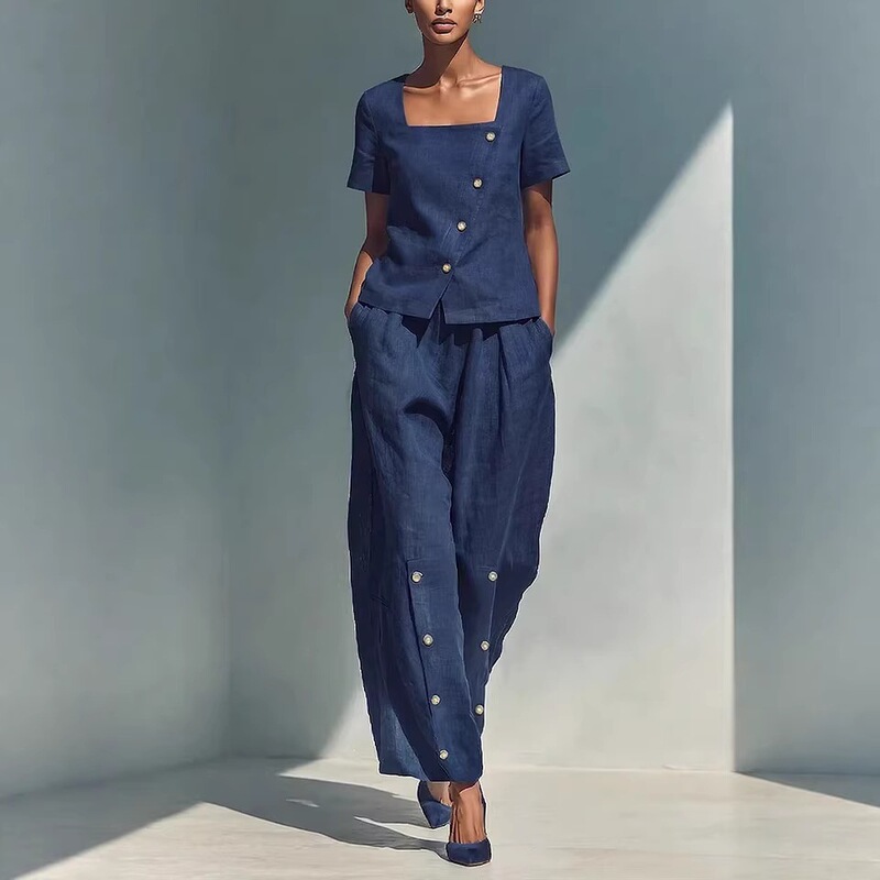 In-Stock Cross-Border European and American 2026 Summer Fashion Casual Wide-Leg Pants Set with Diagonal Collar, Square Neck, and Side Button Closure