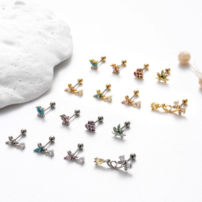 2PCS Henson's new 0.8 pole stainless steel double head screw earrings powder zirconium butterfly love fashion small fresh ear_voghion.com