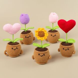 Finished Sunflower Crochet Ornaments Love Desktop Potted Plants Foreign Trade Cross-Border Crochet Tulips Artificial Flowers Fake Flowers