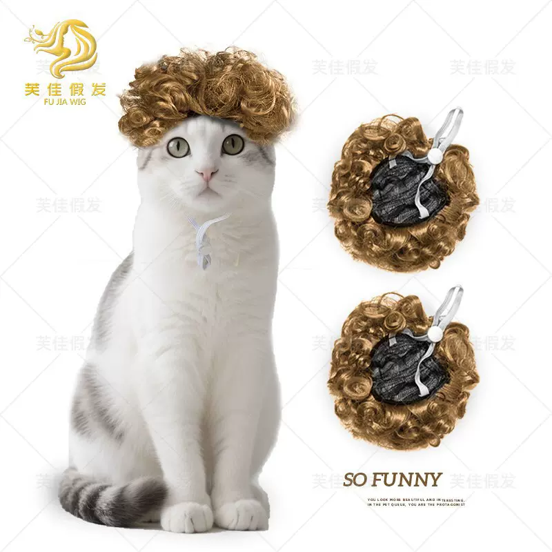 宠物猫咪爆炸头假发短款凌乱感蓬松小卷发头饰节日装扮可跨境批发
