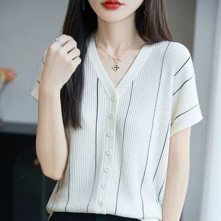 鸿4940V领竖条纹显瘦短袖女显瘦大码T恤韩版夏季天丝针织百搭半袖