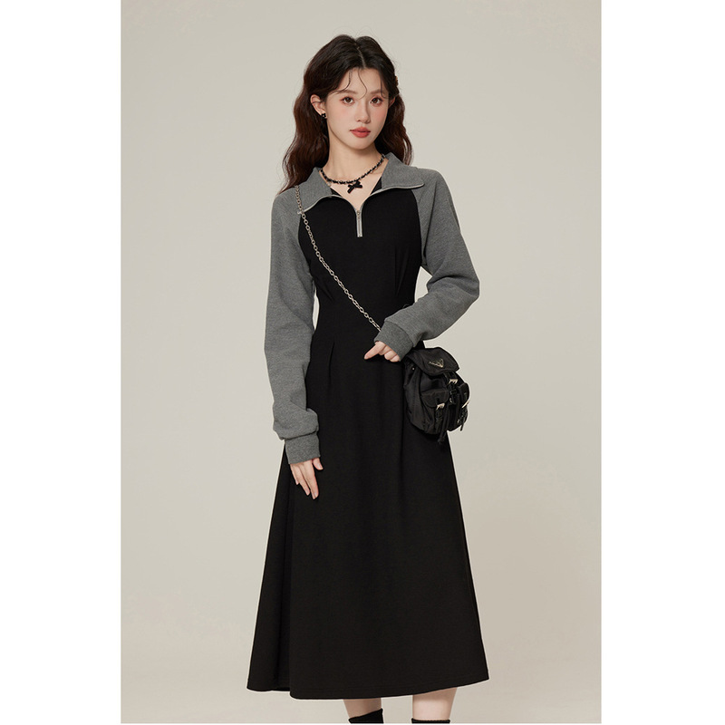 60221 # Chunzhixi Autum New Polo Collar Casual Dress Women's Slim Elegant Waist Long-Sleeved Sweatshirt Dress