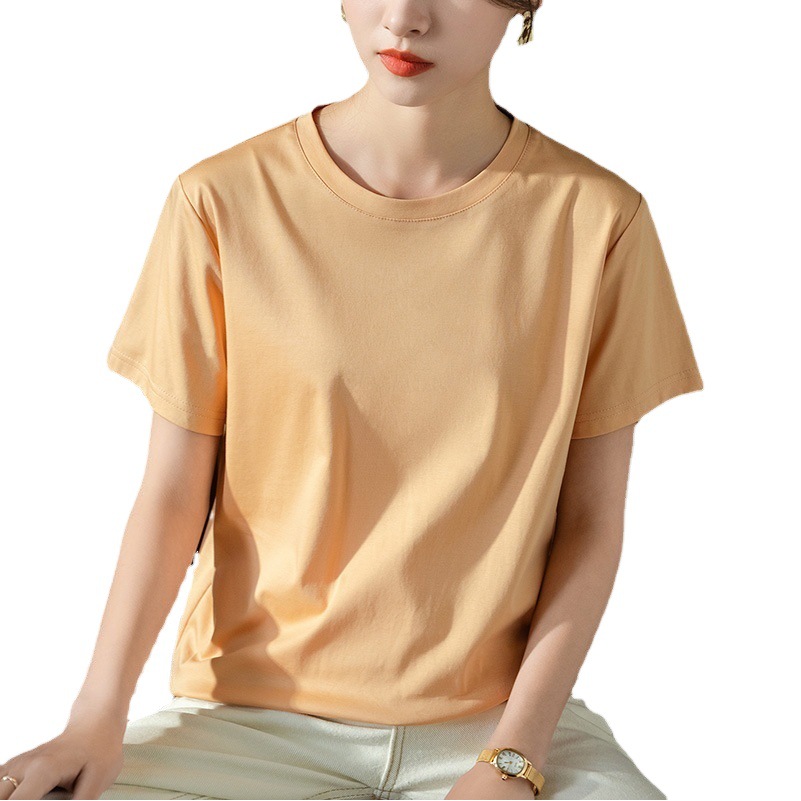 2023 nueva Camiseta de algodón con cuello redondo para mujer Camiseta de algodón mercerizado de hielo simple top de color sólido image 1