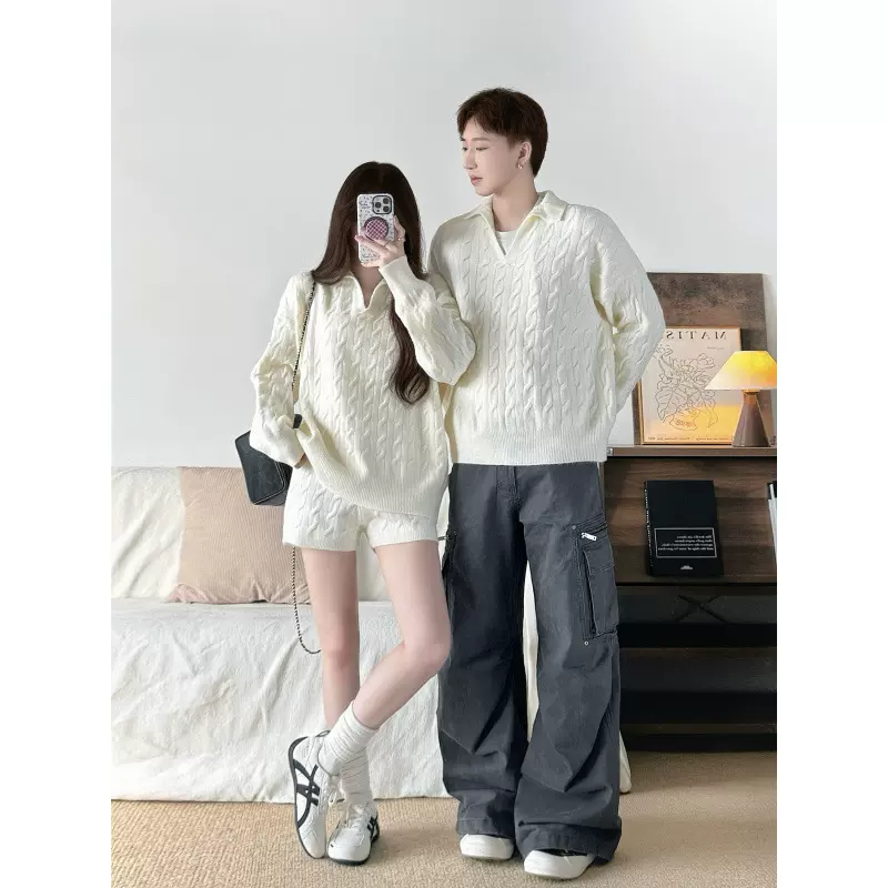 情侣装秋冬新款韩版设计感美式慵懒风毛衣短裤两件套男套头针织衫