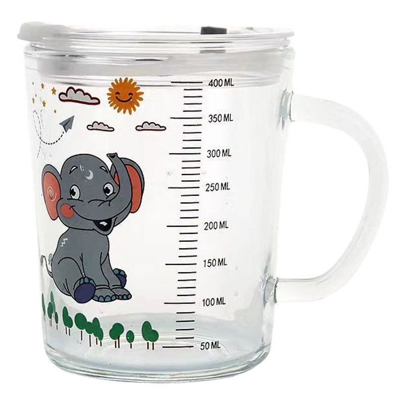 Taza de paja de vidrio de dibujos animados taza de desayuno de leche para niños taza de agua creativa con mango taza de agua escala taza de agua