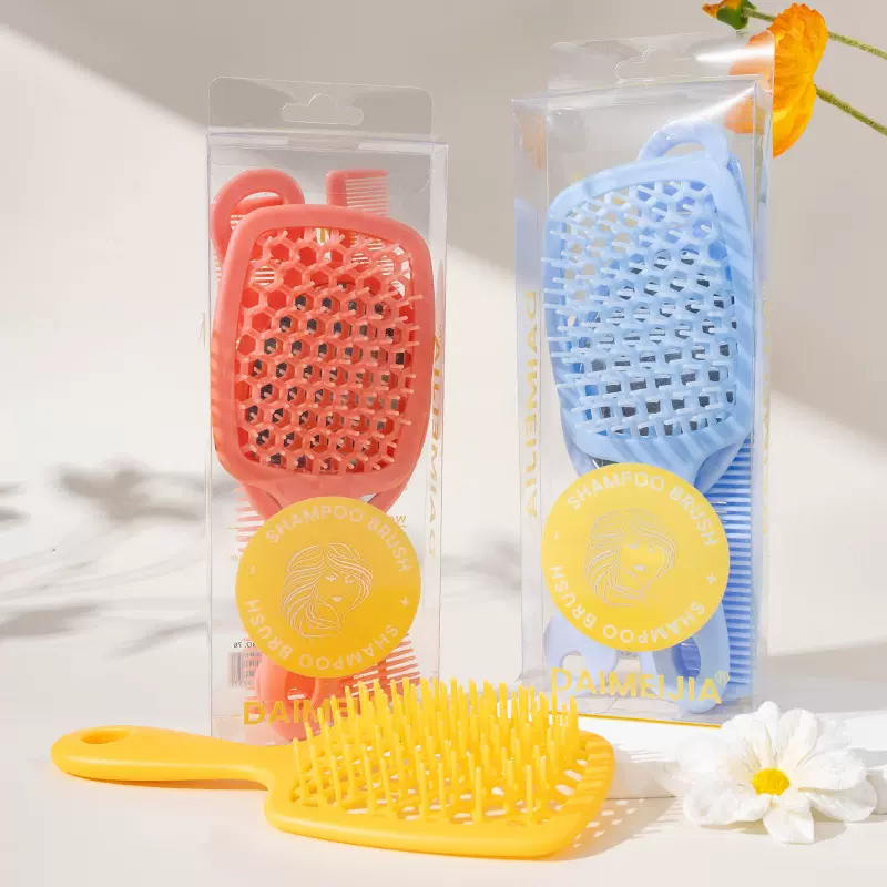 跨境新款镂空女生蓬松顺发按摩梳 化妆镜子梳子5件套盒装干湿两用