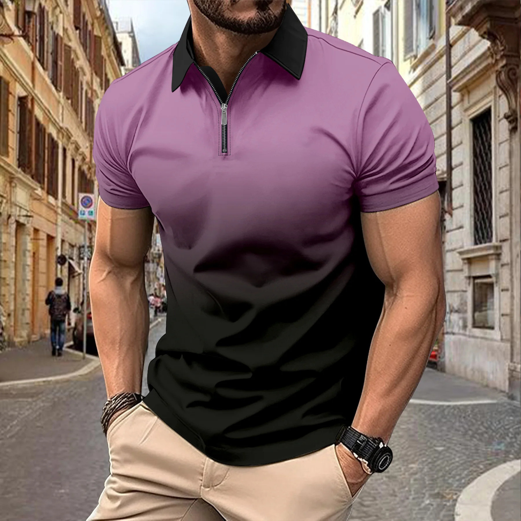 Venta caliente transfronteriza nueva impresión de degradado 3D de verano de gran tamaño casual para hombre suelto código europeo cremallera polo manga corta