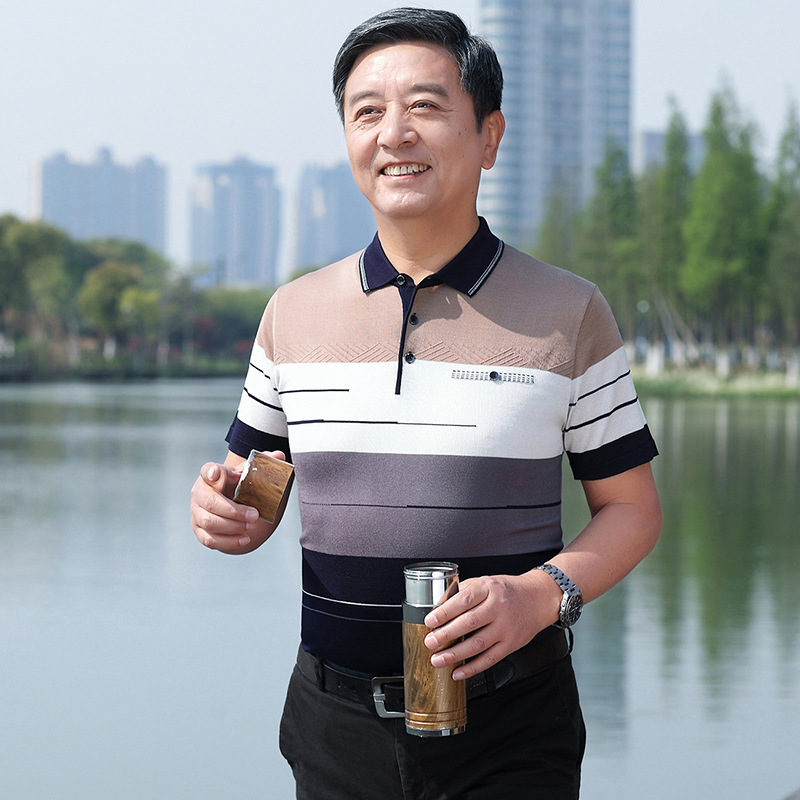 Camiseta de manga corta de seda de hielo de verano de papá camiseta de solapa de hombre de mediana edad suelta camisa de fondo de hombre de mediana edad y anciano