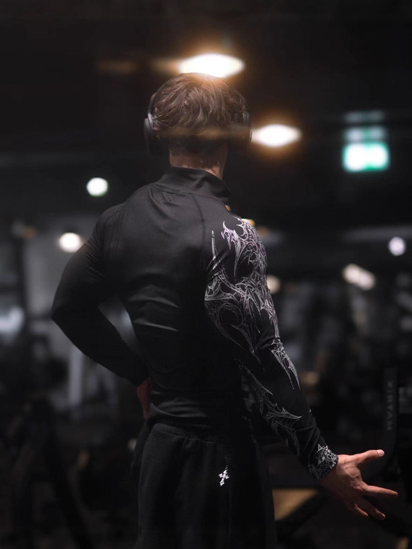 跨境新款 Breathedivinity 肌肉健身长袖男印花紧身衣高领运动T恤|undefined