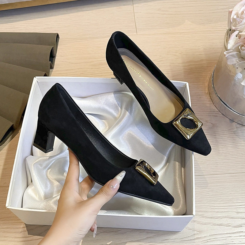 Giày cao gót nữ mũi vuông gót thô khóa kim loại, chất liệu len cashmere cao cấp, gót 3–6 cm — Màu nâu, màu đen