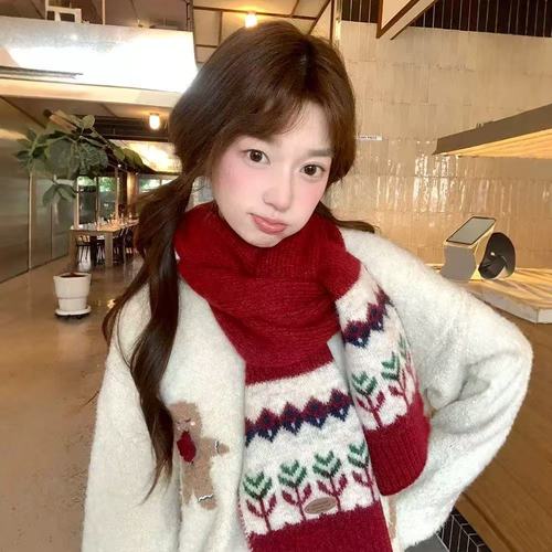 Fair Isle Christmas Red Knit Wool Scarf for Women - Winter 2025 New Arrival Thick Warm Shawl Neck Scarf