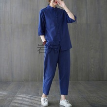 Yx居士服女佛系衣服年轻款夏季禅意女装棉麻茶服中式唐装套装两件