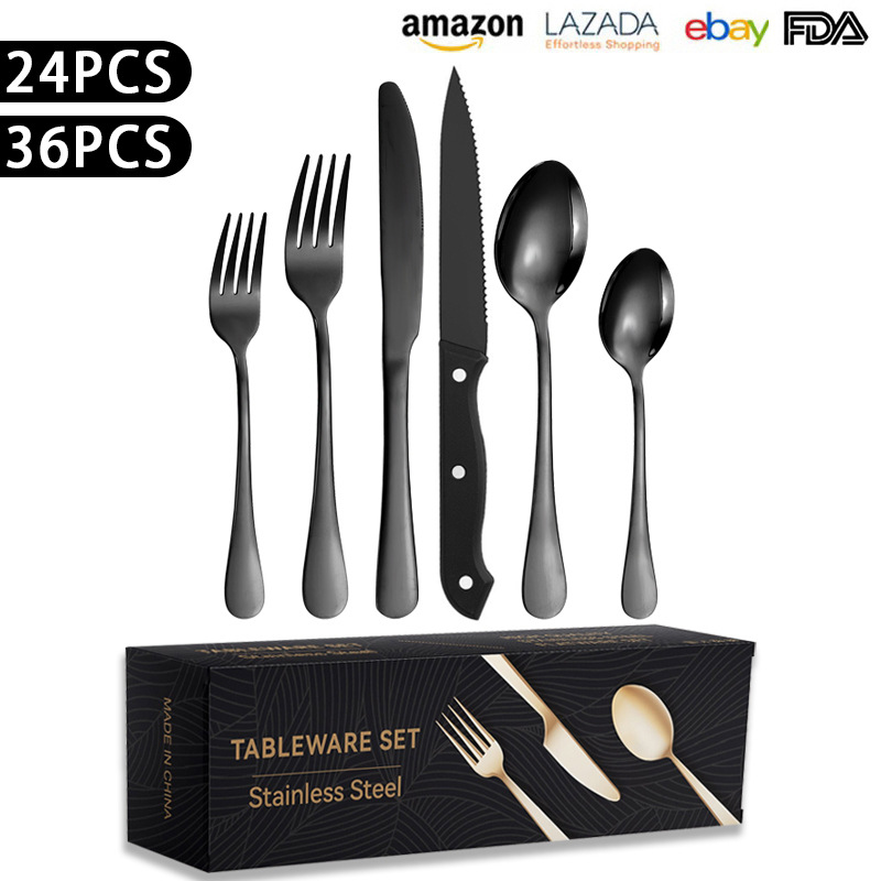 Conjunto de 24 piezas Western Steak Hotel cuchillo negro, tenedor y cuchara Cuchillo de vajilla de acero inoxidable de Venta caliente transfronteriza, tenedor y cuchara