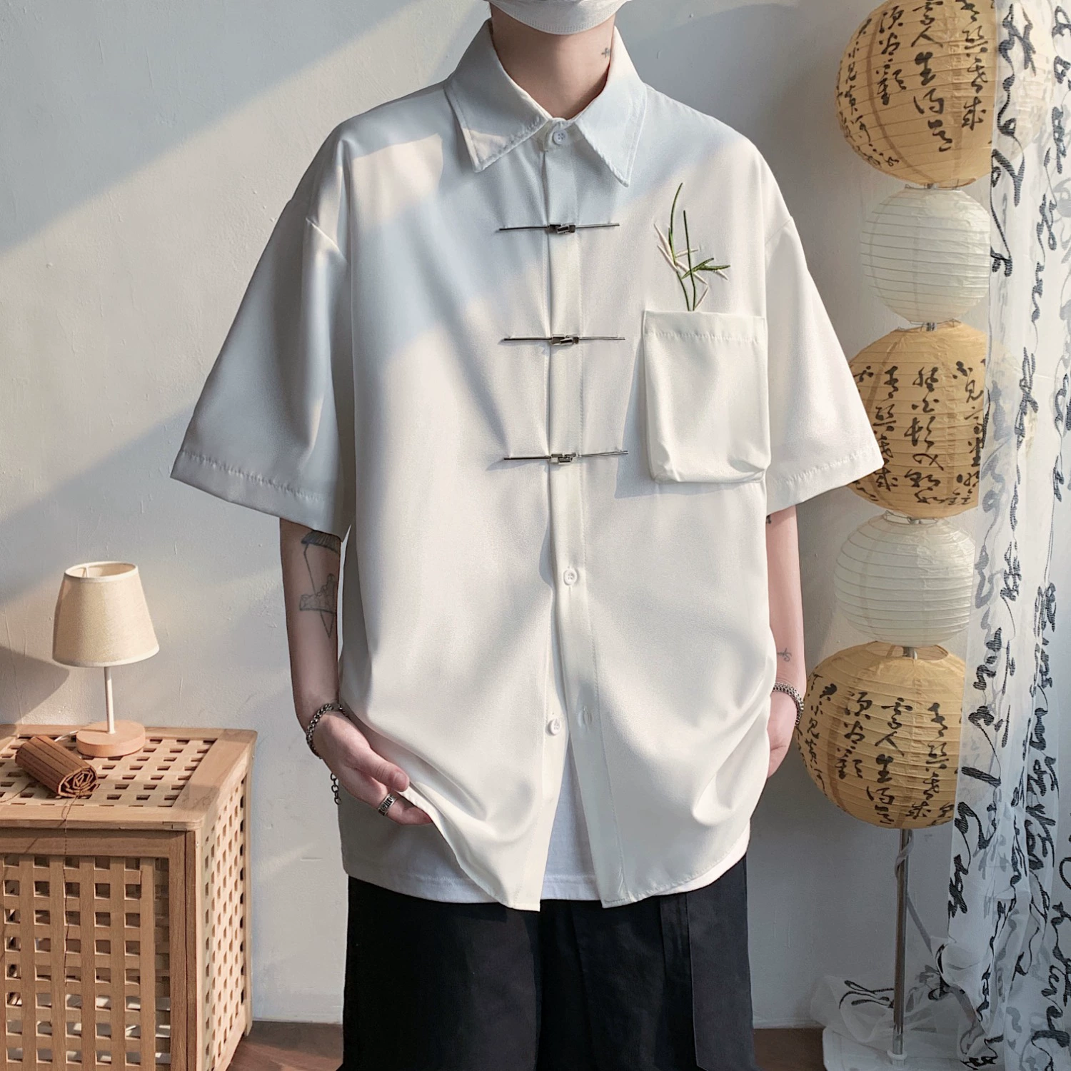Мужская рубашка на пуговицах из ледяного шелка с вышивкой в ​​китайском стиле, мужская рубашка на пуговицах с длинными рукавами, новая повседневная красивая рубашка в китайском стиле в стиле ретро с короткими рукавами