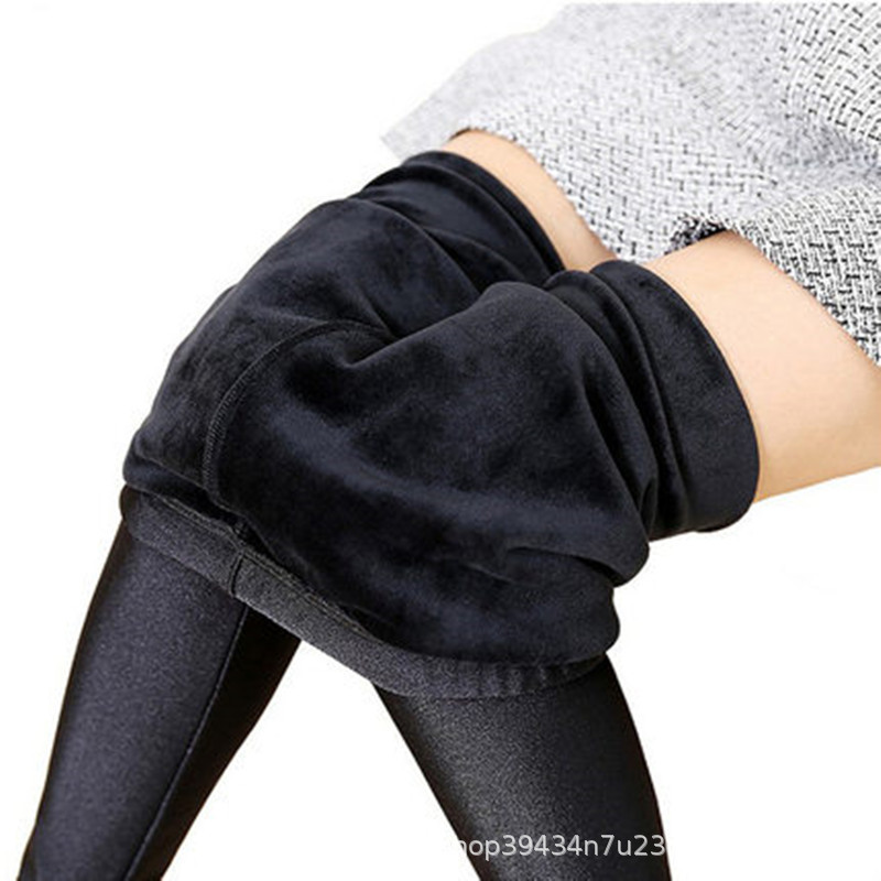 Pantalones brillantes forrados de lana de otoño e invierno ropa exterior de Mujer Pantalones de lápiz elásticos negros polainas recortadas de cintura alta engrosadas más tamaño pantalones de paso