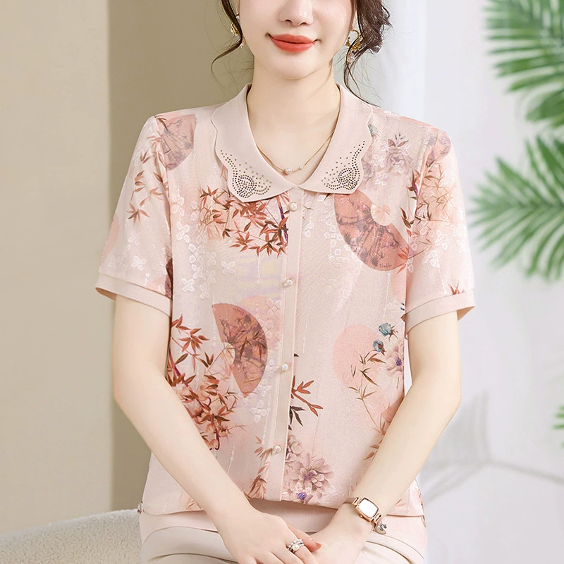 2025 Весенне-осенняя модная рубашка для мам, уменьшающая возраст, весенне-осенняя новая женская осенняя футболка среднего и пожилого возраста с элегантным отложным воротником.