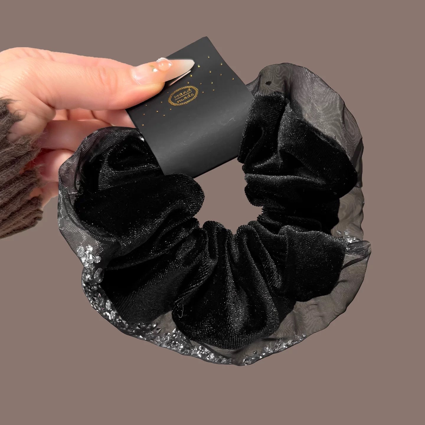 60 # Black velvet rhinestone mesh lace patchwork hair tie about 17cm