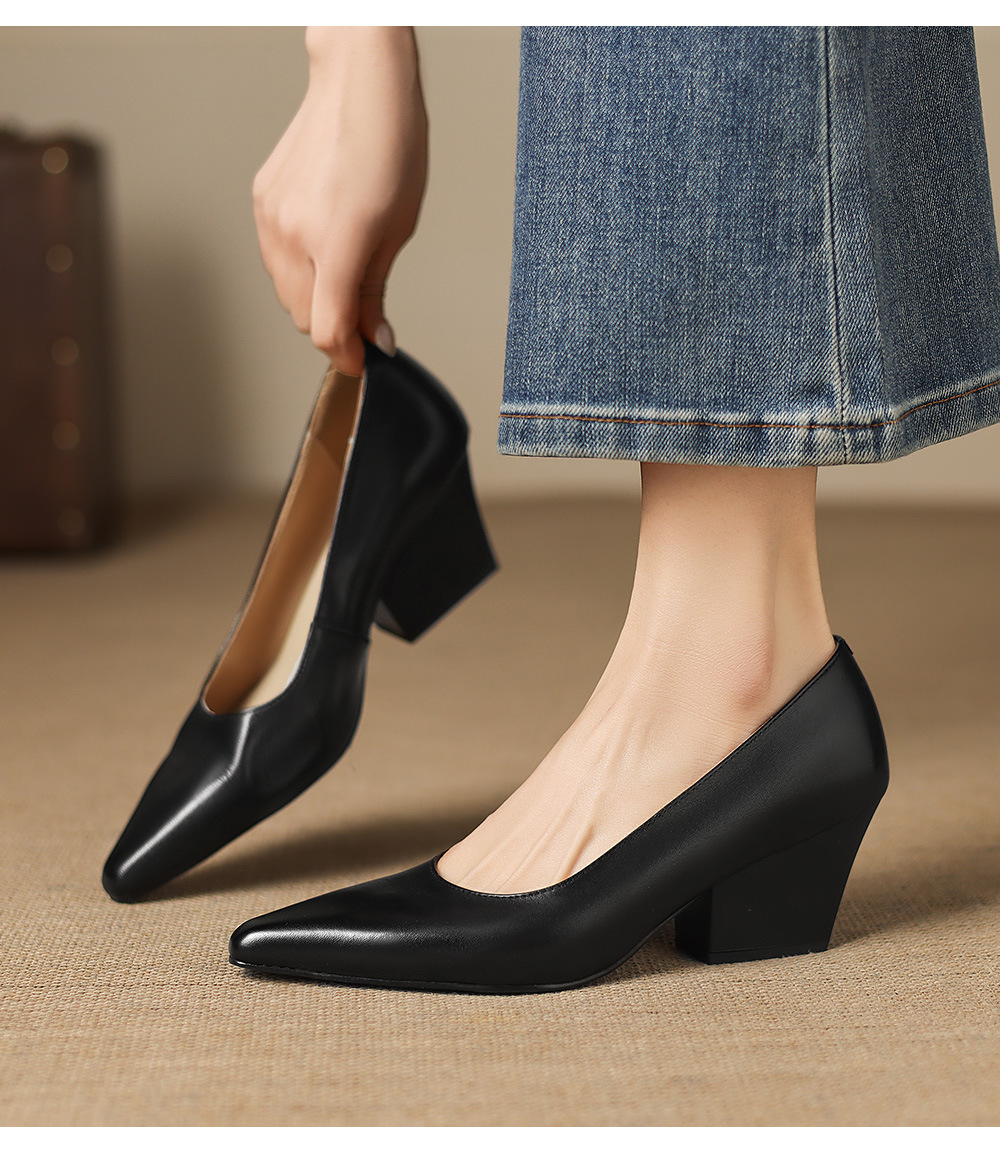 Giày cao gót nữ mũi nhọn da bò thật gót 6 cm — màu nâu chi tiết 9