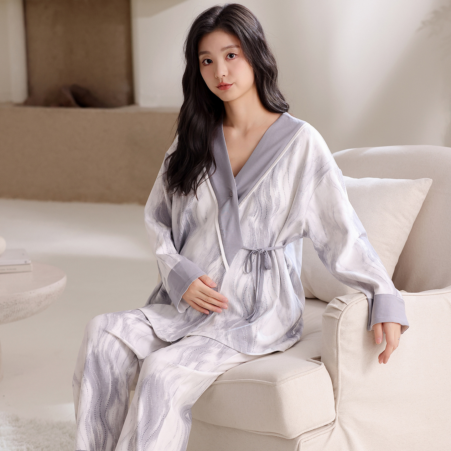 New Pure Cotton Thin Maternity Nursing Pajamas for Women with Breast Pads, Cotton Kimono Collar, Postpartum Breastfeeding Confinement Clothes