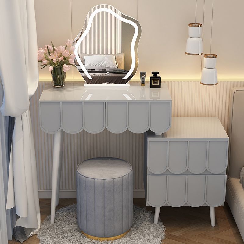 Mesa gris 81 + Gabinete + espejo de nubes + taburete redondo gris