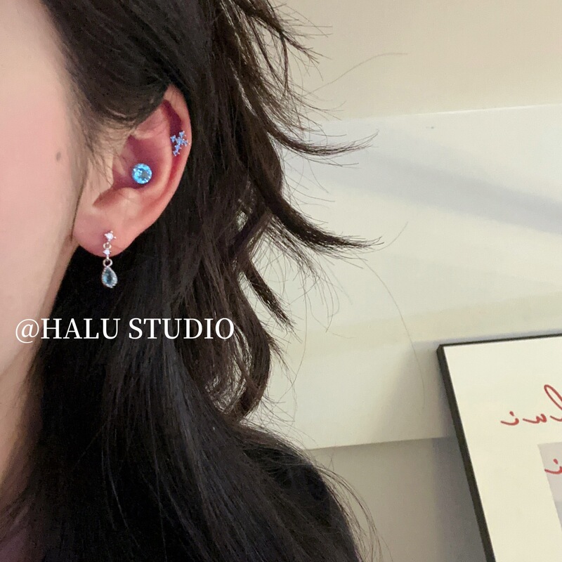 "HALU" "Ocean Teardrop" Blue Exquisite Small Drop Cross Earrings All-match Ear Bone Nail "HALU" "Ocean Teardrop" Blue Exquisite Small Drop Cross Earrings All-match Ear Bone Nail