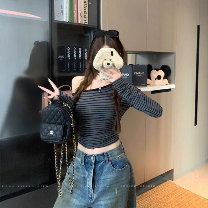 粉色条纹斜肩长袖T恤女装秋季纯欲风收腰修身紧身短款小个子上衣|undefined