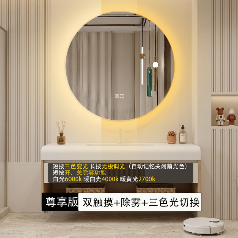 Espejo de baño inteligente redondo directo transfronterizo de hotel de alto nivel colgado en la pared iluminante pantalla táctil anti-fog espejo de baño inteligente
