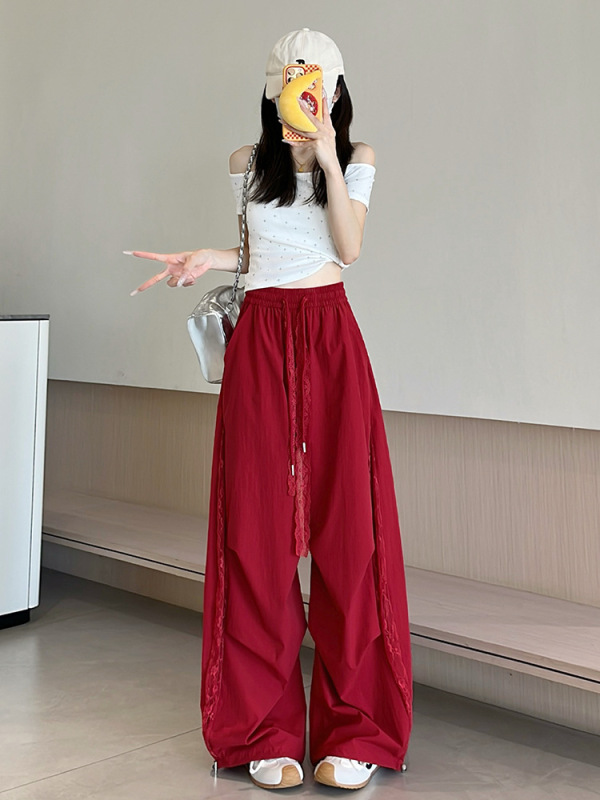 レースステッチ中空ワイドレッグパンツ女性のための夏の 2025 新しいハイウエストスリムドレープストレート山本カジュアルパンツ|undefined