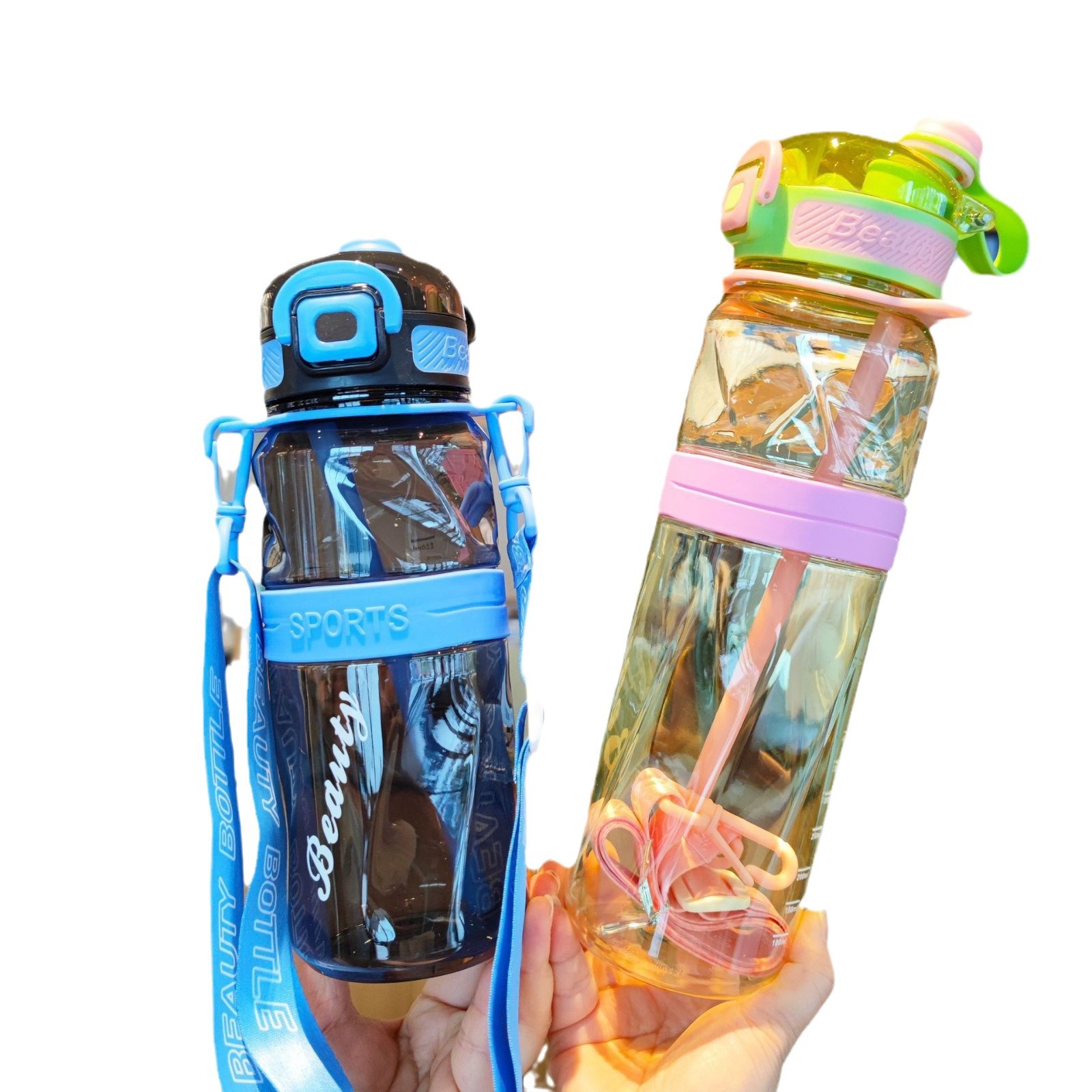 Taza de agua de doble bebida, pajita, correa de aire libre creativa de alto valor, taza de plástico, taza de espacio, botella de agua deportiva de fitness al aire libre