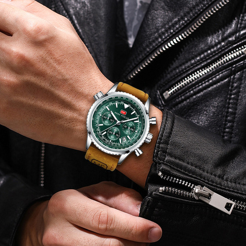 MINI FOCUS Watch Casual Men's Multi-functional Quartz Watch Aviation Timer Men's Watch Genuine Leather Strap 0463G