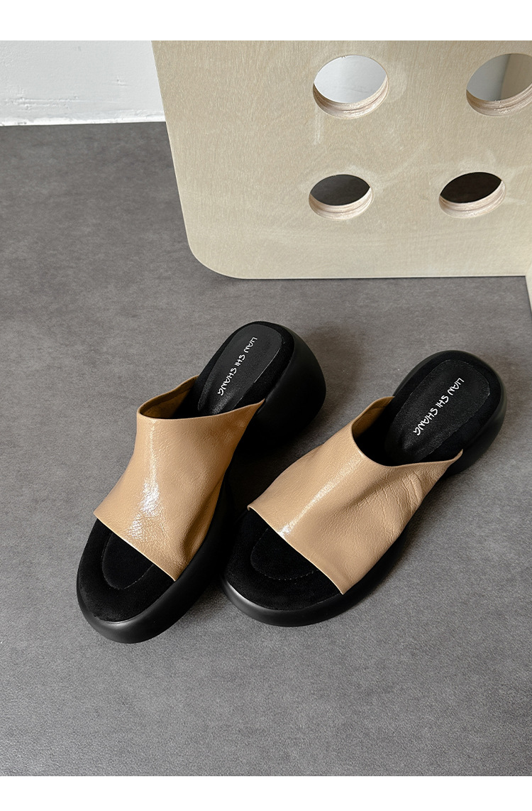 Dép lê nữ da cừu đế dày 7 cm, sandal hở mũi tăng chiều cao — đen chi tiết 13