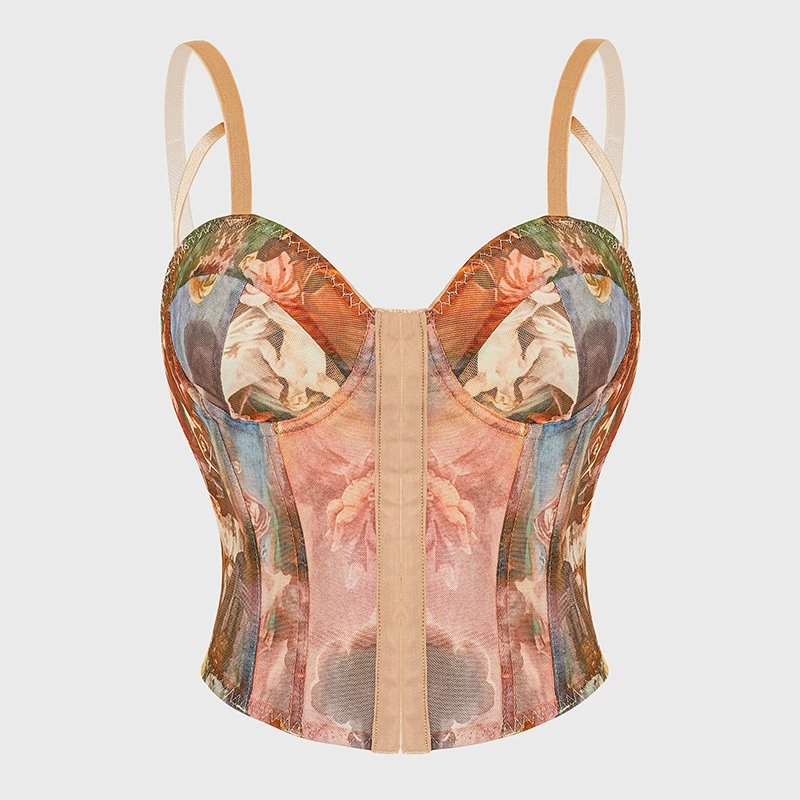 Сексуальная майка в европейском и американском стиле с многослойным дизайном, затягивающая талию, трехмерная подкладка на косточках, облегающий бюстгальтер с принтом «рыбья кость».