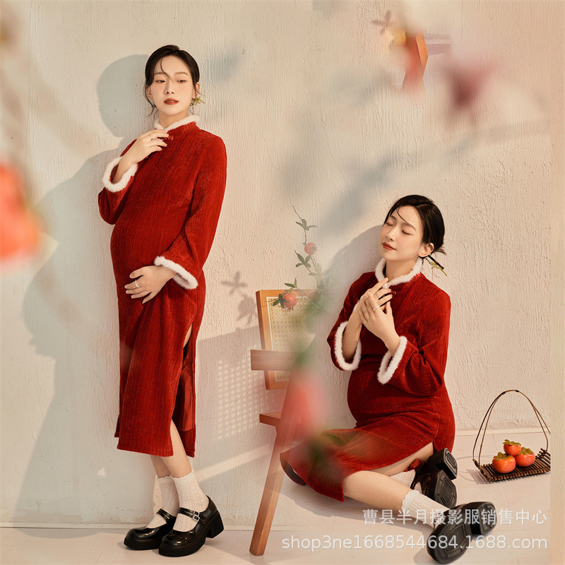 Photo Studio New Autumn and Winter Maternity Photo Clothing Retro Noble Cheongsam Red Elegant Plush New Chinese Style Clothing for the New Year