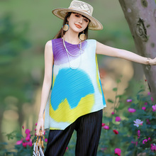 甜颂t恤夏圆领无袖背心外穿跨境爆款褶皱不规则彩色印花辣妹上衣