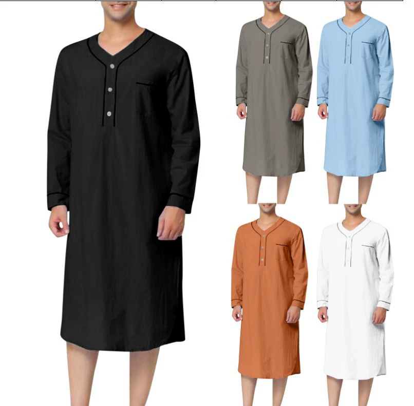 Весна 2023 Мусульманская удобная свободная однотонная Пижама средней длины Amazon Европейская и американская мужская домашняя одежда, ночная рубашка
