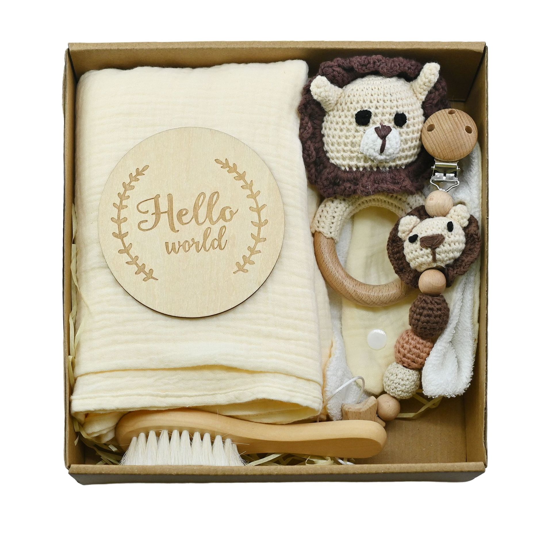 Nuevo bebé animal crochet campana de madera caja de regalo de nacimiento juego cadena de chupete bebé nacimiento luna llena regalo