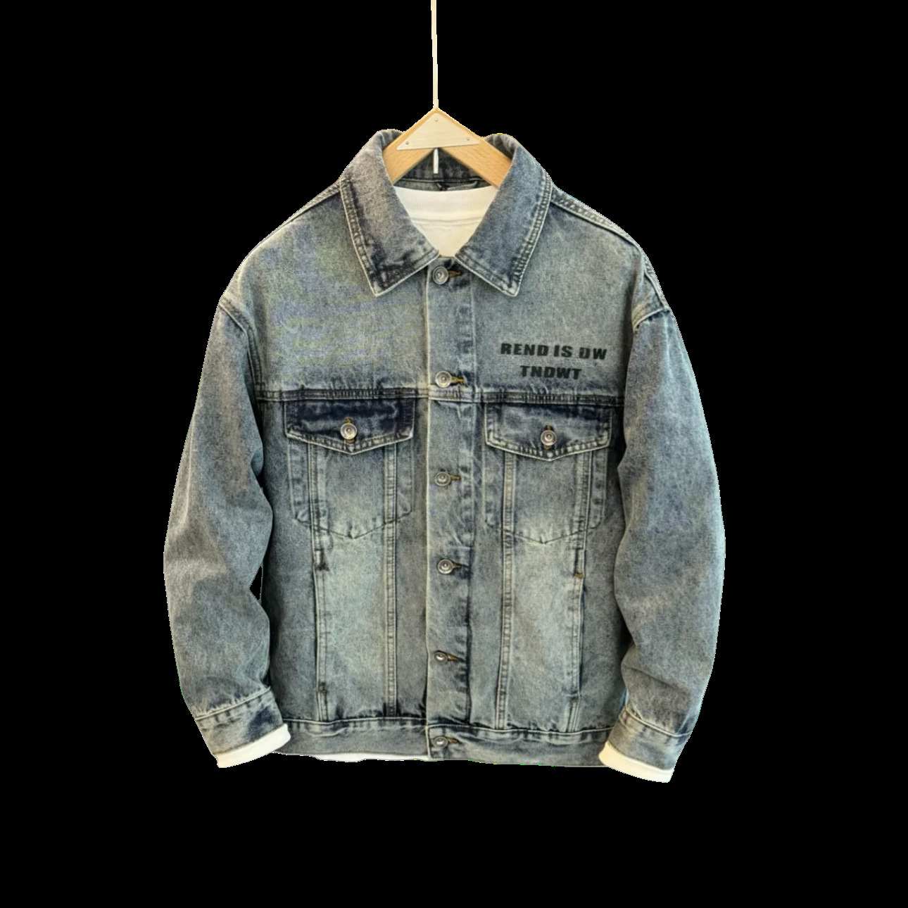 Retro chaqueta de vaquín lavado con agua hombre primavera y otoño nueva letra impresa de silicona chaqueta de trabajo con solapa suelta