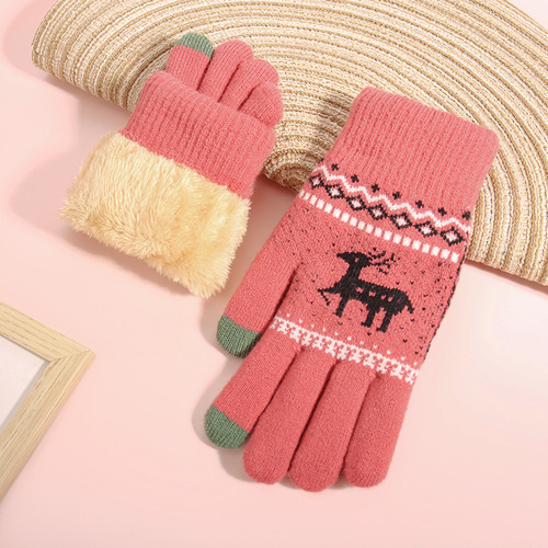 Touchscreen Glove for Women - Winter Korean Style, Street Vendor, Fleece Lined, Thick, Coldproof, Small Deer Knitted Warm Gloves