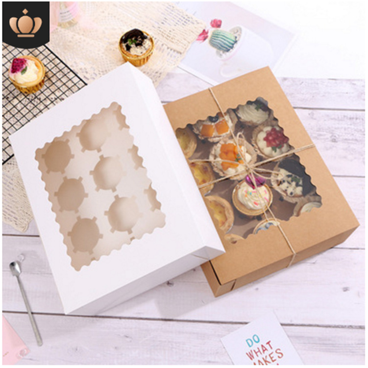 现货批发开窗翻盖软盒烘焙马芬杯包装盒子12粒装纸杯蛋糕盒