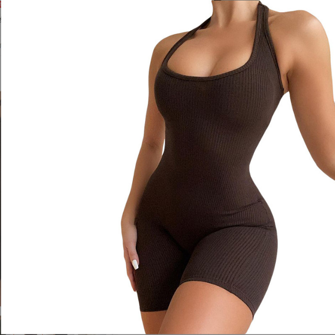Europeo y americano transfronterizo 2023 nuevo comercio exterior estilo primavera ropa de mujer color sólido sexy backless Halter corto deportes mono
