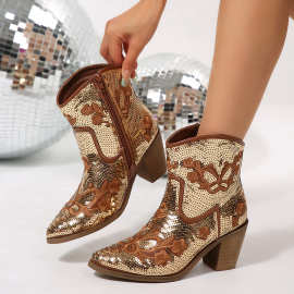 跨境亮片大码尖头高跟时装靴女2025冬季新款欧美粗跟外贸马丁靴