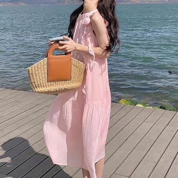 Đầm maxi nữ thắt eo phong cách Pháp hoa nhẹ nhàng không tay dáng dài mùa hè — màu xanh nhạt, màu trắng, Vàng nhạt, màu mơ chi tiết 11