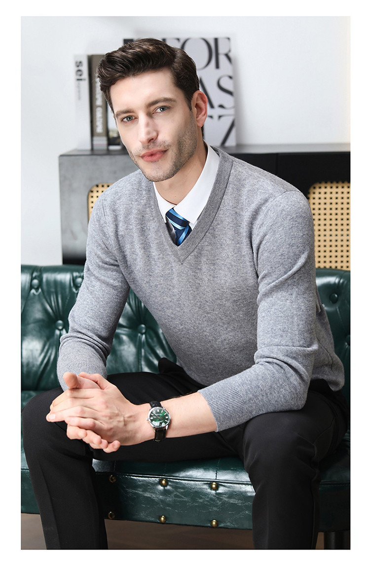 Otoño y invierno suéter de lana pura hombre de negocios casual suéter de hombre color sólido cuello en V engrosado calentamiento fondo suéter de lana de punto