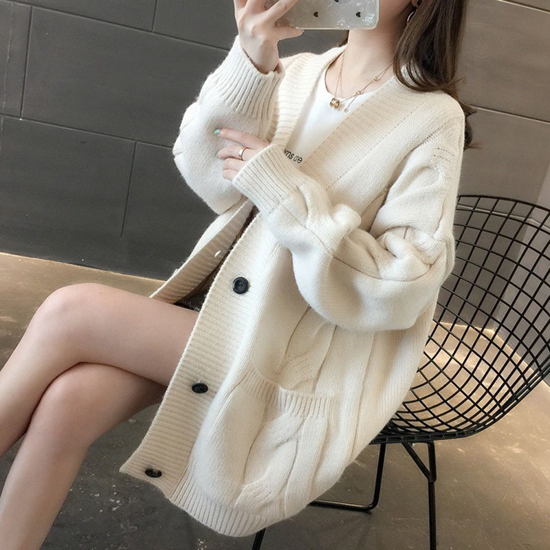 春秋新款慵懒风V领麻花针织衫宽松外穿女装开衫V领百搭毛衣外套潮