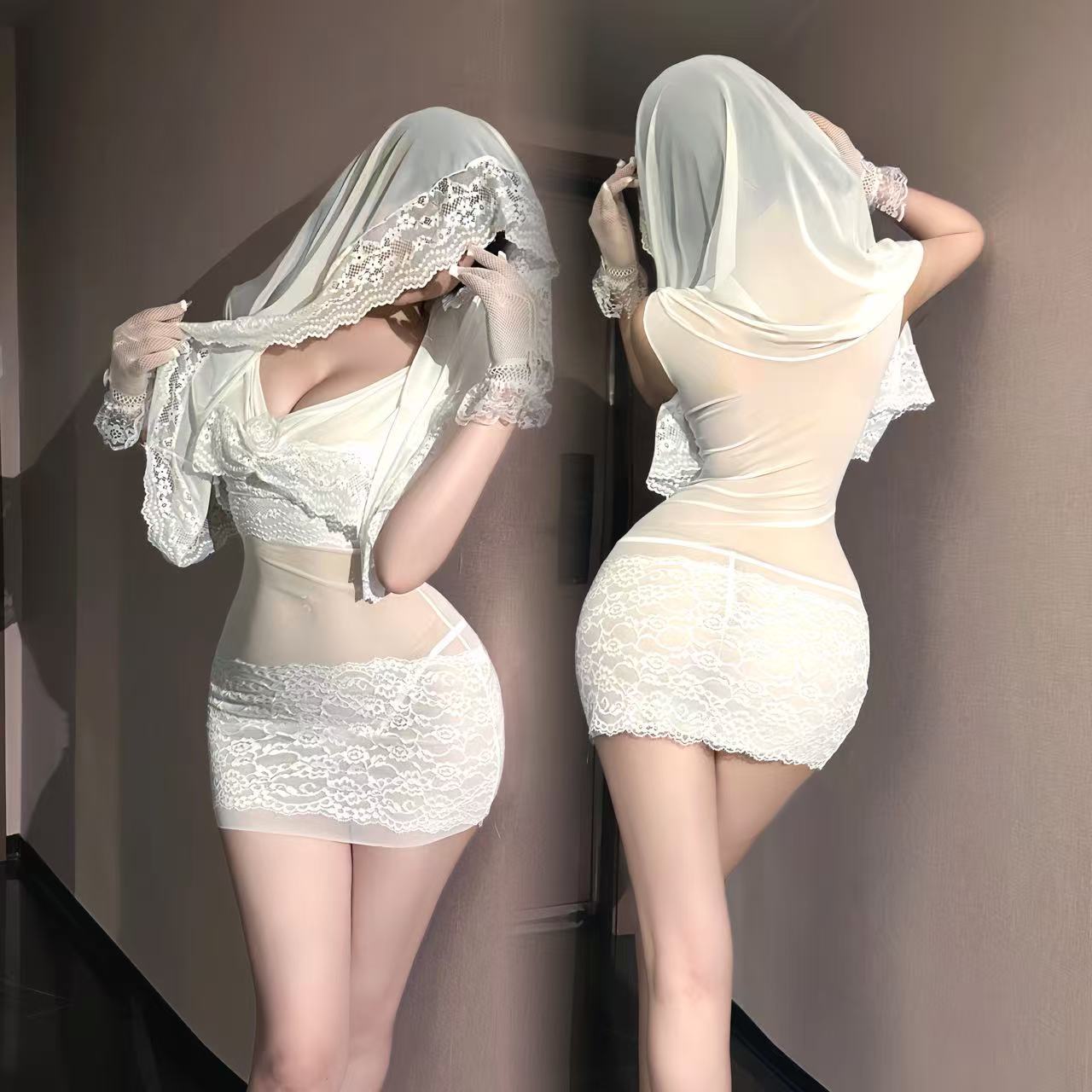 See-Through Lace Maid Costume Mini Dress with Stockings and Gloves, White One Size — detail image 3