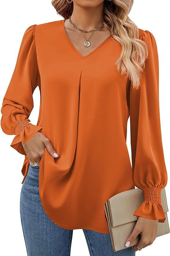 Las mujeres europeas y americanas transfronterizas de Amazon Otoño e Invierno nueva camisa de gasa sólida con cuello en V suéter camisa de manga larga de cuerno